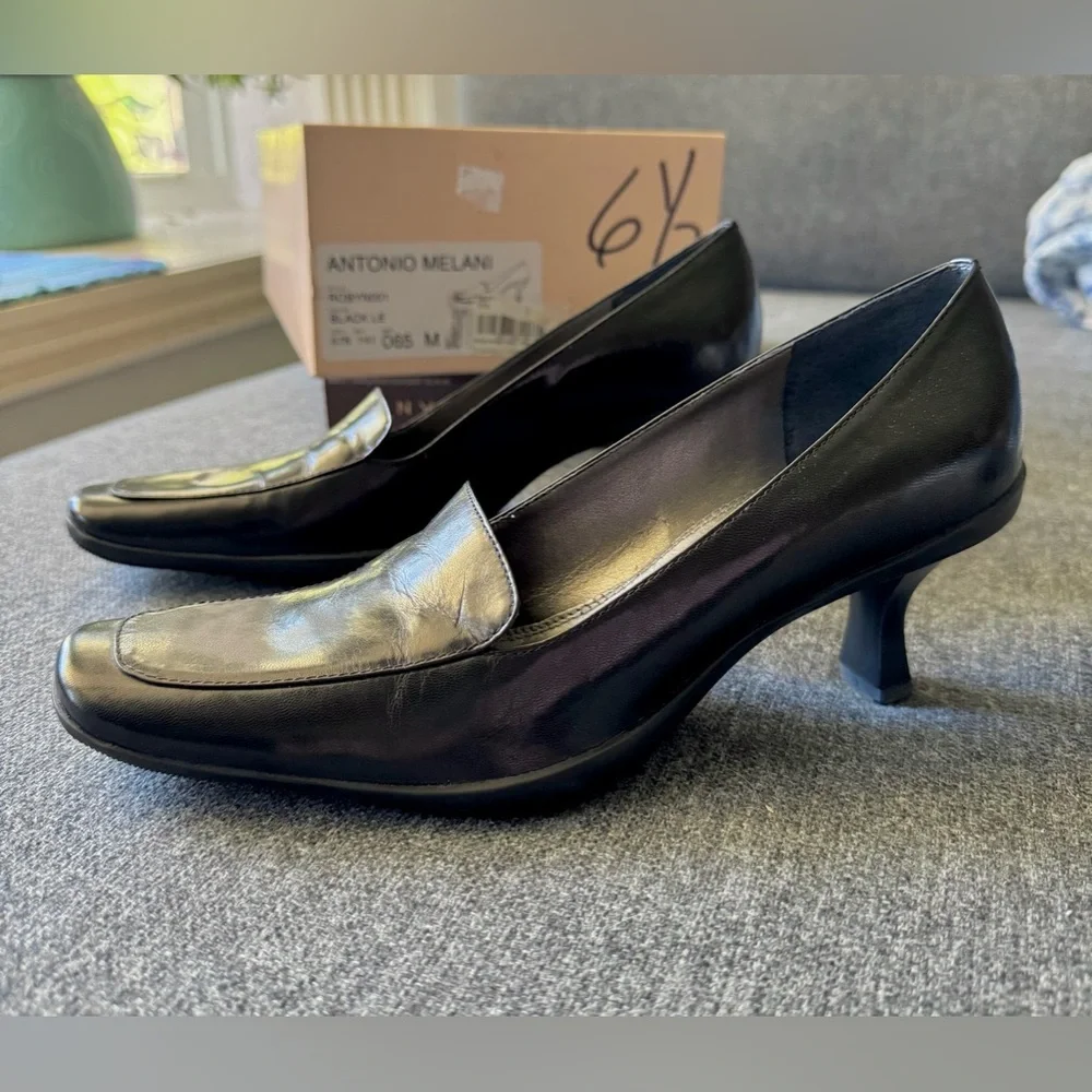 Antonio Melani Women’s Black Leather Kitten Heel Square Toe Pumps Shoes Size 6.5